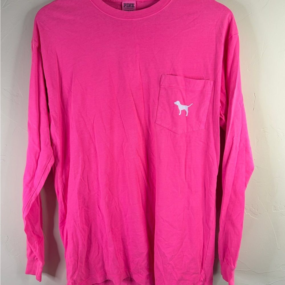 PINK Victoria's Secret Bright Pink Long Sleeve Pocket Tee with Dog Silhouette